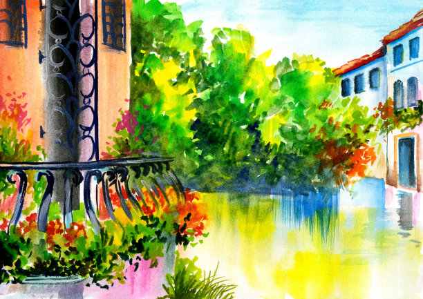 水彩画-房子附近的花图片下载