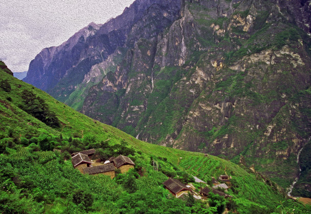 一般中国乡村鸟瞰图，油画风格化图片下载