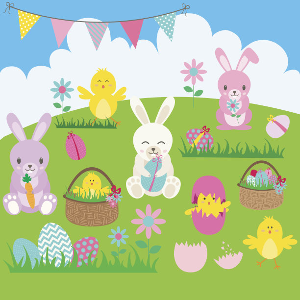 复活节兔子。篮子里,花朵,兔子,彩旗,复活节彩蛋、复活节小鸡。素材图片