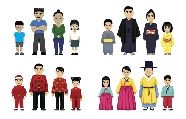 亚洲家庭设置卡通矢量插图图片下载