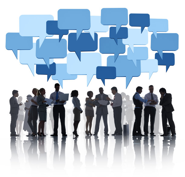 商务人士讨论和蓝色演讲泡泡图片下载