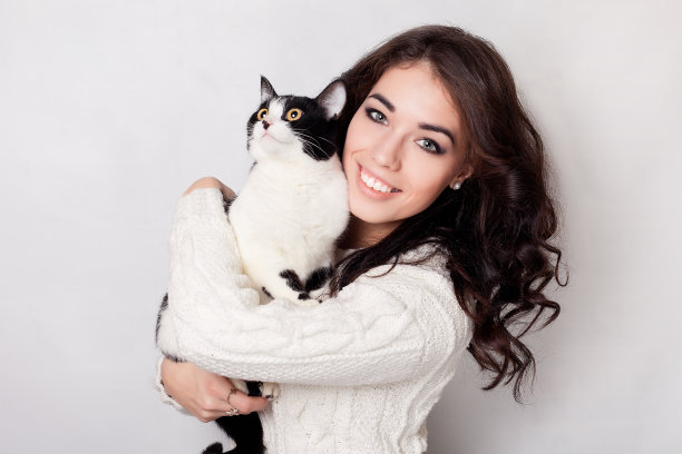 美丽的微笑女人小猫的胳膊，工作室图片，特写图片下载