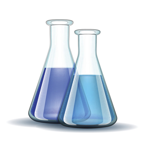 装有蓝色液体的化学实验室透明烧瓶。图片下载
