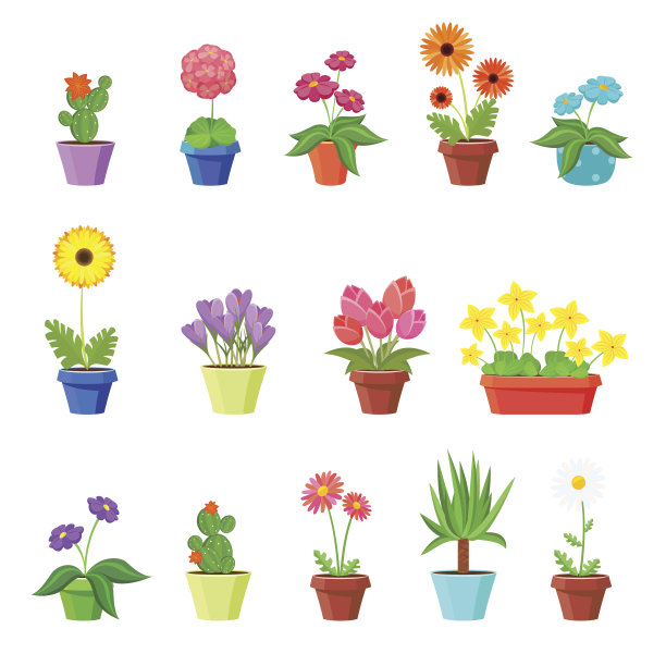 可爱的春天花在花盆向量图片下载