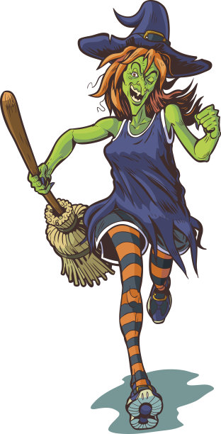 可怕的女巫与扫帚奔跑卡通插图素材图片