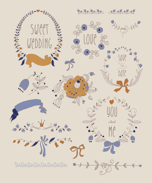 手绘一套婚礼花环和丝带。透明度。素材图片