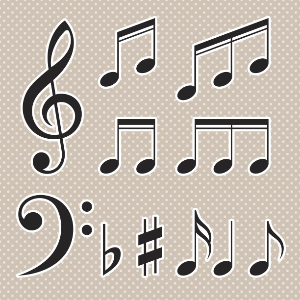 一组音符向量。黑色和白色的轮廓图片下载