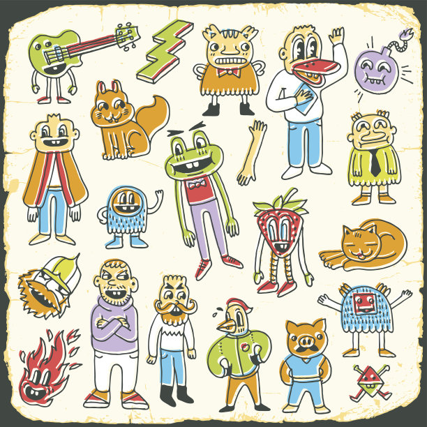 复古色彩的涂鸦人物设置在纸纹理4。图片下载