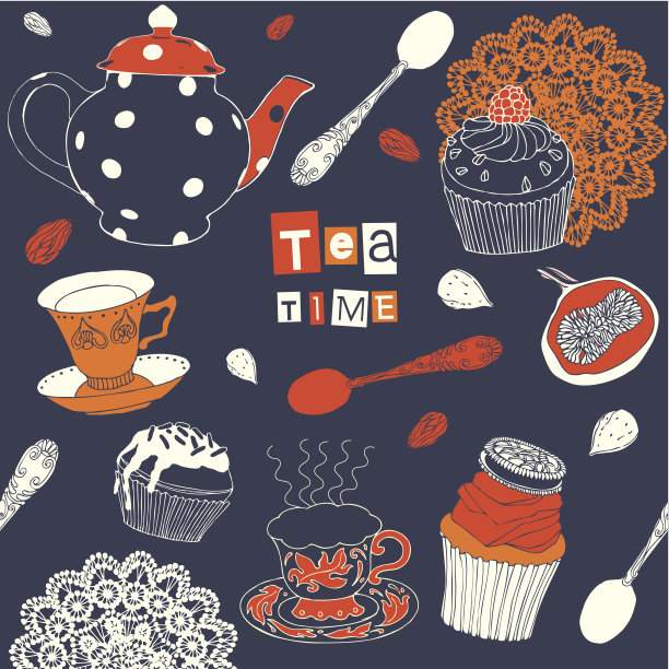 带有纸杯蛋糕和茶的复古卡片图片下载