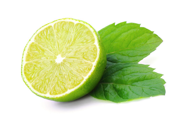 多汁的酸橙片和薄荷叶。素材图片