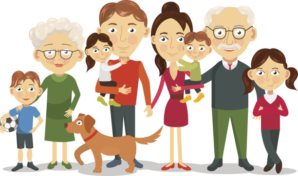 和孩子们，父母，祖父母在一起的欢乐全家福素材图片