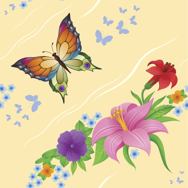 背景是五彩缤纷的蝴蝶飞舞和鲜花图片下载