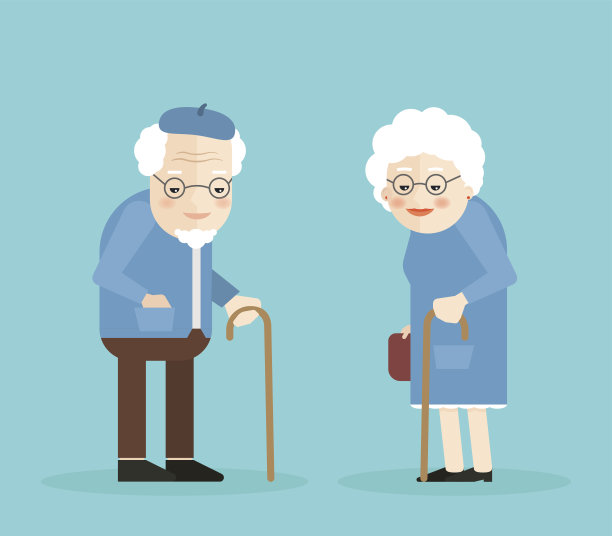 快乐的老人和女人戴眼镜，走路手杖。图片下载