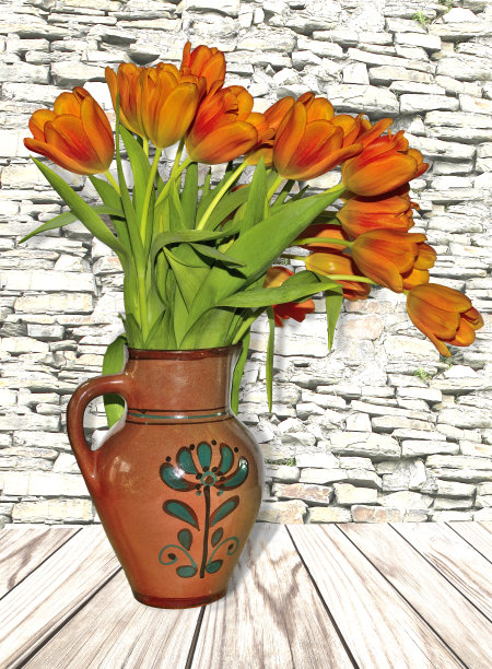 旧陶罐里放着一束红色郁金香图片下载