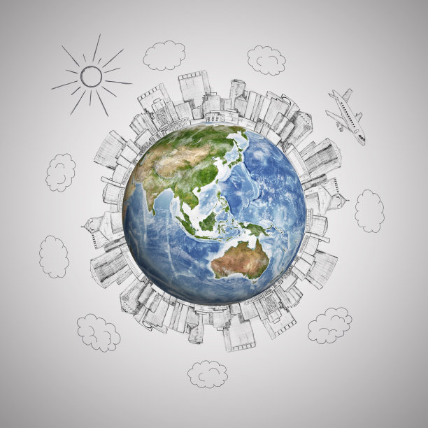 行星地球与铅笔素描大都市和平面在灰色图片下载