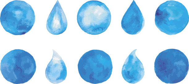 一套水彩蓝色的飞溅和滴。蓝色水彩斑点图片下载