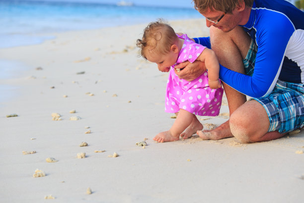 爸爸和宝宝在海滩上学习走路图片下载