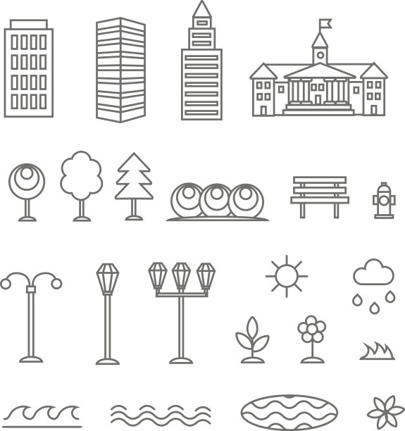 线性景观元素向量图标集。行建筑,树木。图片下载