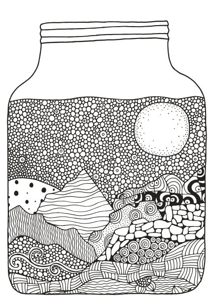 黑白抽象幻想画面。玻璃罐，月光，山川图片下载