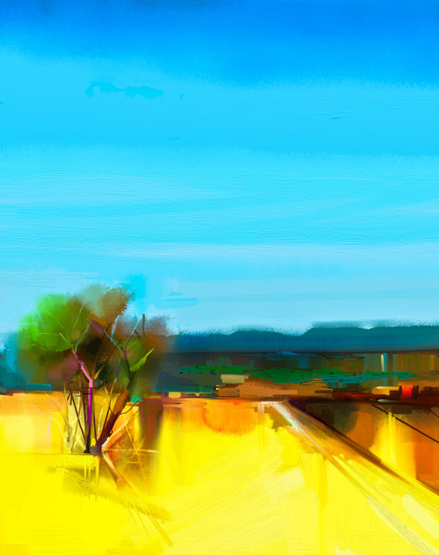 油画抽象色彩丰富的黄色和蓝色天空景观图片下载