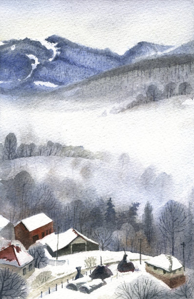 冬天在山上，水彩画风景素材图片