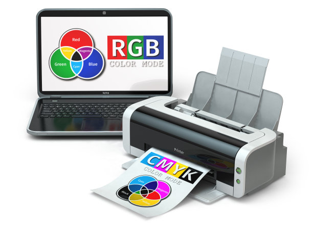 CMYK, RGB颜色模型。笔记本电脑和打印机。图片下载