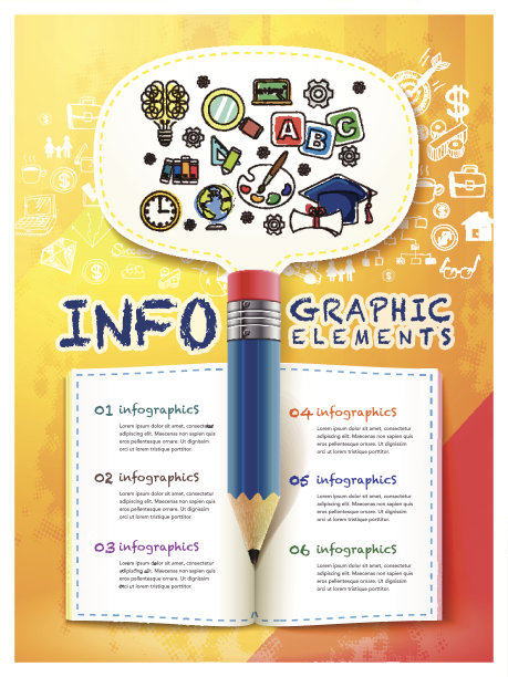 手绘风格信息图与铅笔和书的元素图片下载