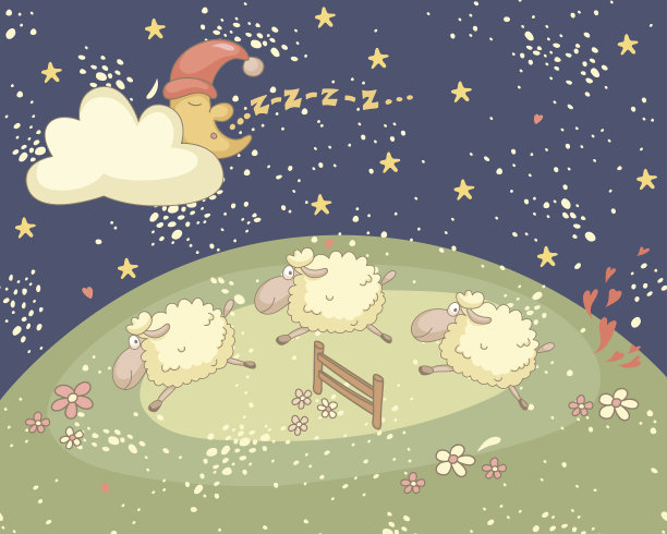 睡觉前的彩色插图与打盹的月亮和绵羊图片下载