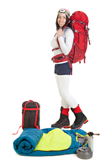 徒步旅行者与旅游设备孤立在白色背景图片下载