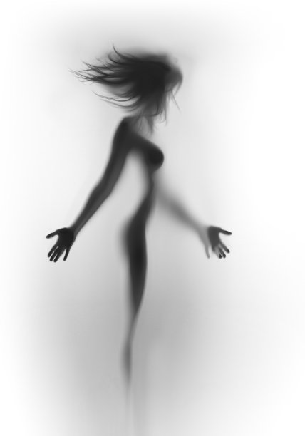 苗条，性感的女人，吹着头发，躲在窗帘后面图片下载