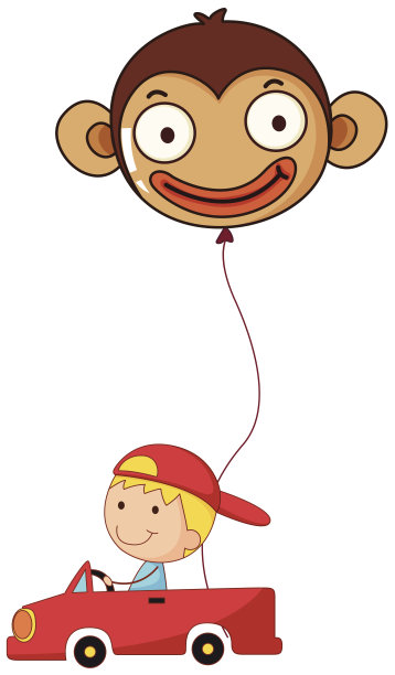 红色汽车，一个男孩和一个猴子气球图片下载