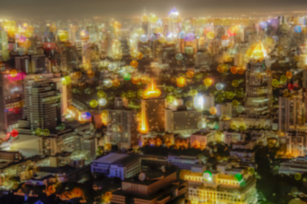 曼谷市景夜景，照片模糊散景图片下载