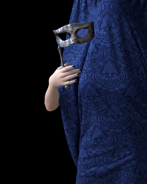 美丽的年轻女子手拿帘子，狂欢面具图片下载