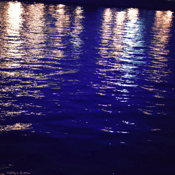 灯光反射在夜晚的河流复古效果。晚上复古的照片。图片下载