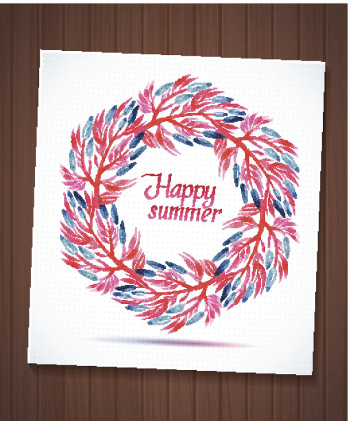 快乐的夏天水彩花花环与剪纸花图片下载