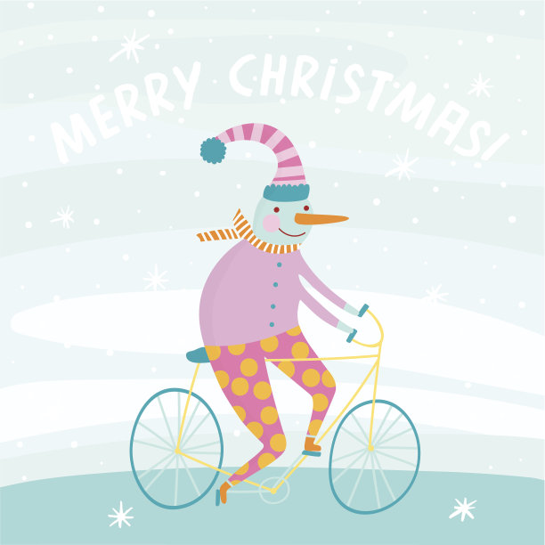可爱的雪人在自行车卡通风格。图片下载