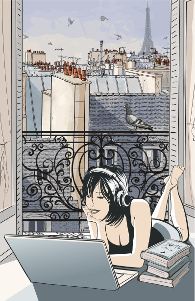 年轻女子在巴黎玩电脑图片下载