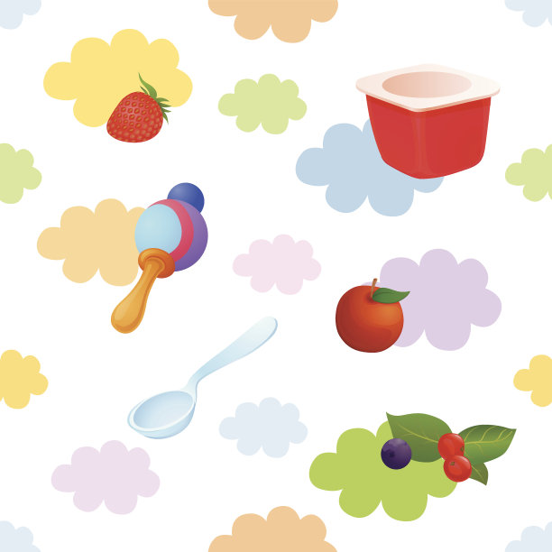 童稚无缝彩色图案匙，玩具，水果和浆果图片下载