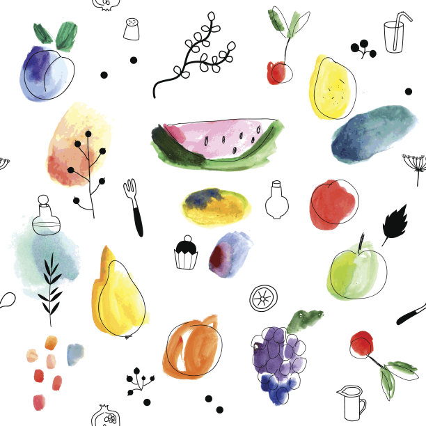 与水果、浆果无缝搭配。水彩艺术。素材图片