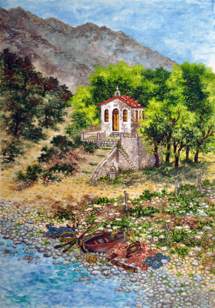 纸上油画-教堂和小船图片下载