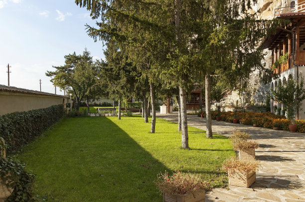 岩石修道院“巴沙波沃的圣迪米特里”的院子。在视图中。图片下载