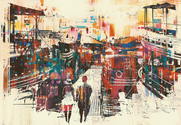 一对夫妇在码头上走着五颜六色的船图片下载