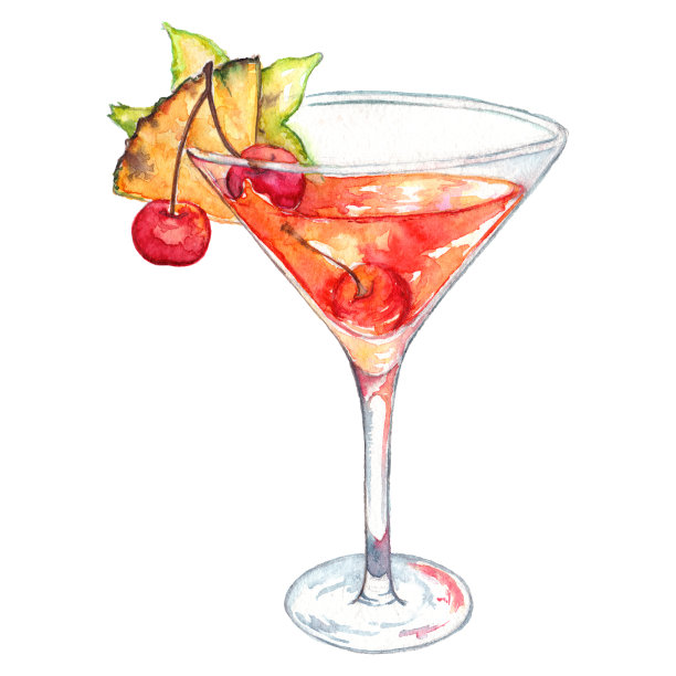 水彩樱桃菠萝杨桃酒精鸡尾酒孤立素材图片