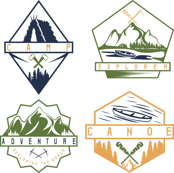 独木舟，露营和冒险复古矢量标签集图片下载