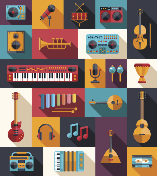 一套现代平面设计的乐器和音乐工具图片下载