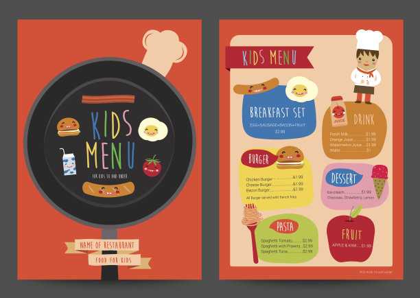 儿童菜单食物，色彩丰富的厨师卡通，模板矢量插画图片下载