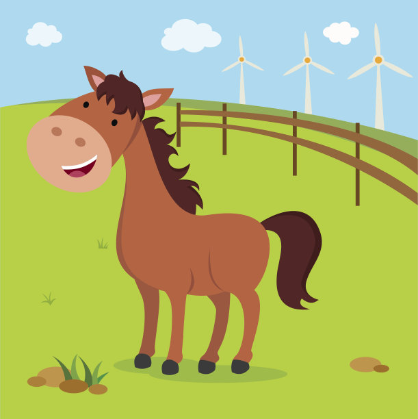 农场。棕色的马和风车。图片下载