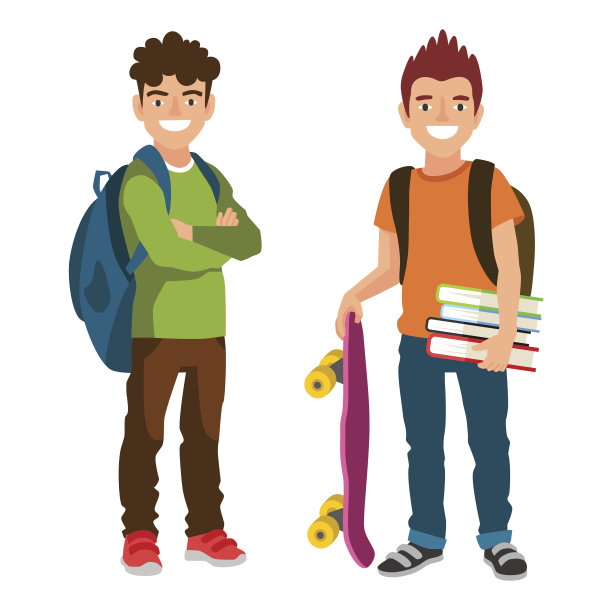 两个学生拿着背包，书和滑板图片下载