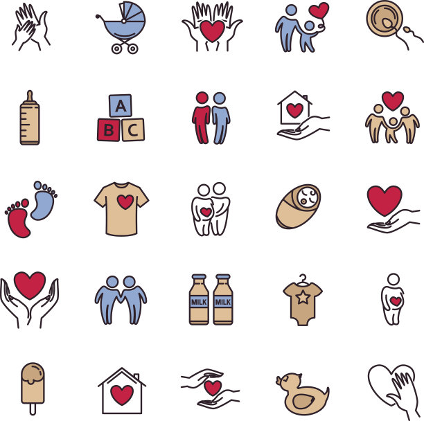 家庭和儿童矢量细线图标集图片下载