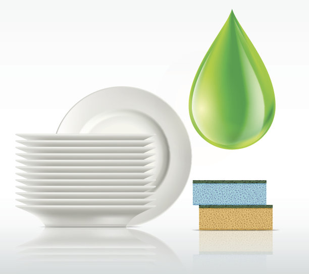 在白色背景上滴上洗涤剂和盘子图片下载